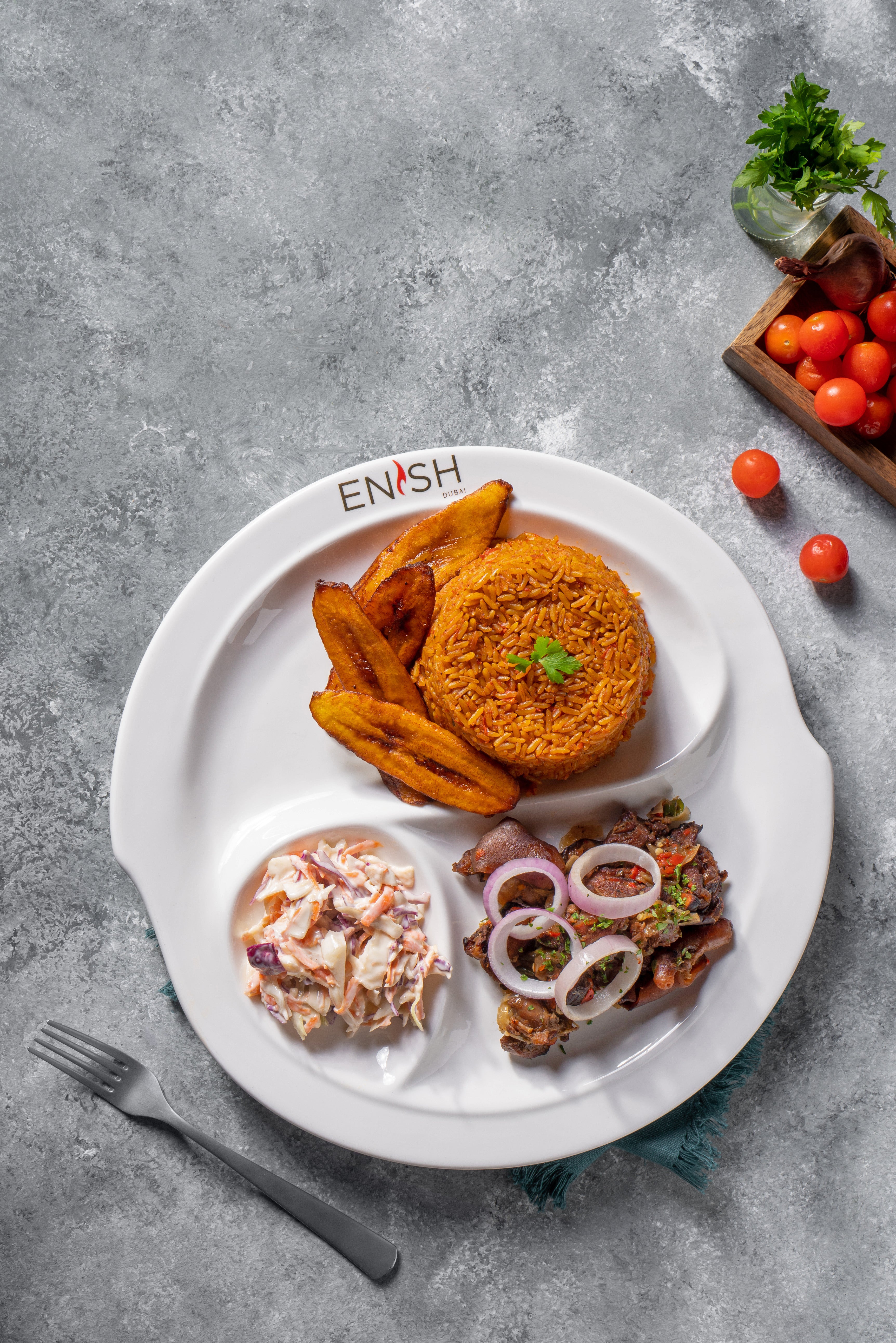 Spicy Grilled Goat Meat with Jollof Rice & Plantain